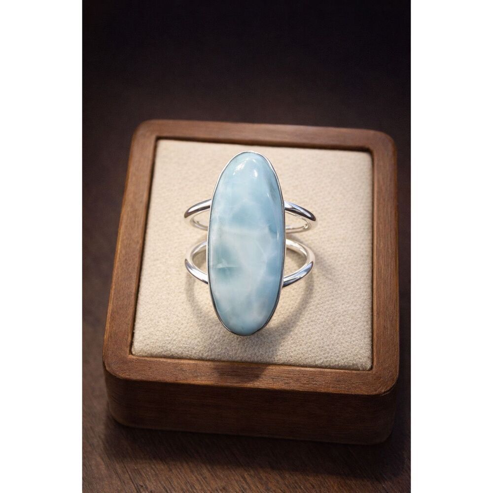 Handcrafted Natural Oval Larimar Ring Silver Split Shank Jewelry Boho Size 7